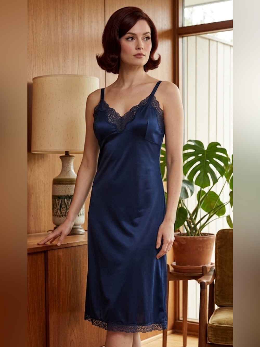 Vintage French Maid Navy Lace-Trim Nylon Slip Dress